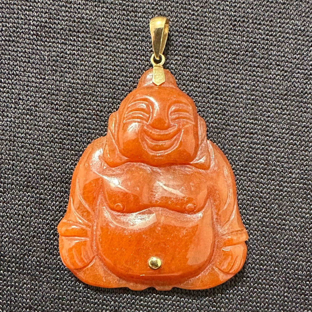 Grade A Antique Carved Red Jade Buddha Pendant- 14K Gold Bail